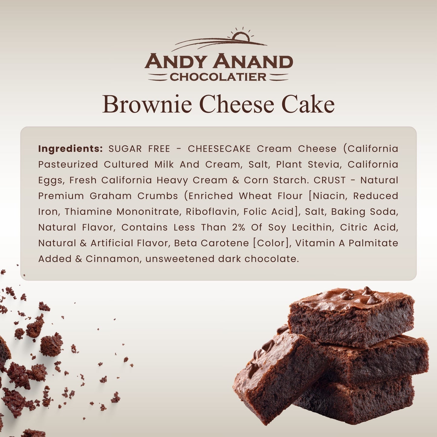 ANDY ANAND CHOCOLATIER Gourmet Fudge Brownie Cheesecake 9" 2.8 lbs. Real California Cream Cheese, Artisan, Halal, Reusable Tray