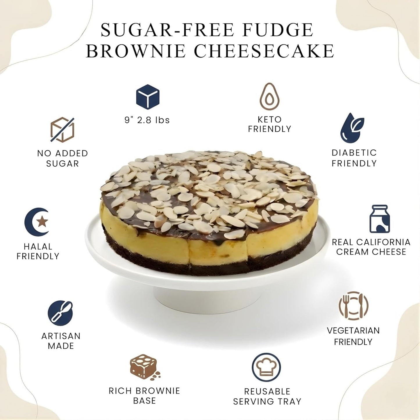 ANDY ANAND CHOCOLATIER Gourmet Fudge Brownie Cheesecake 9" 2.8 lbs. Real California Cream Cheese, Artisan, Halal, Reusable Tray