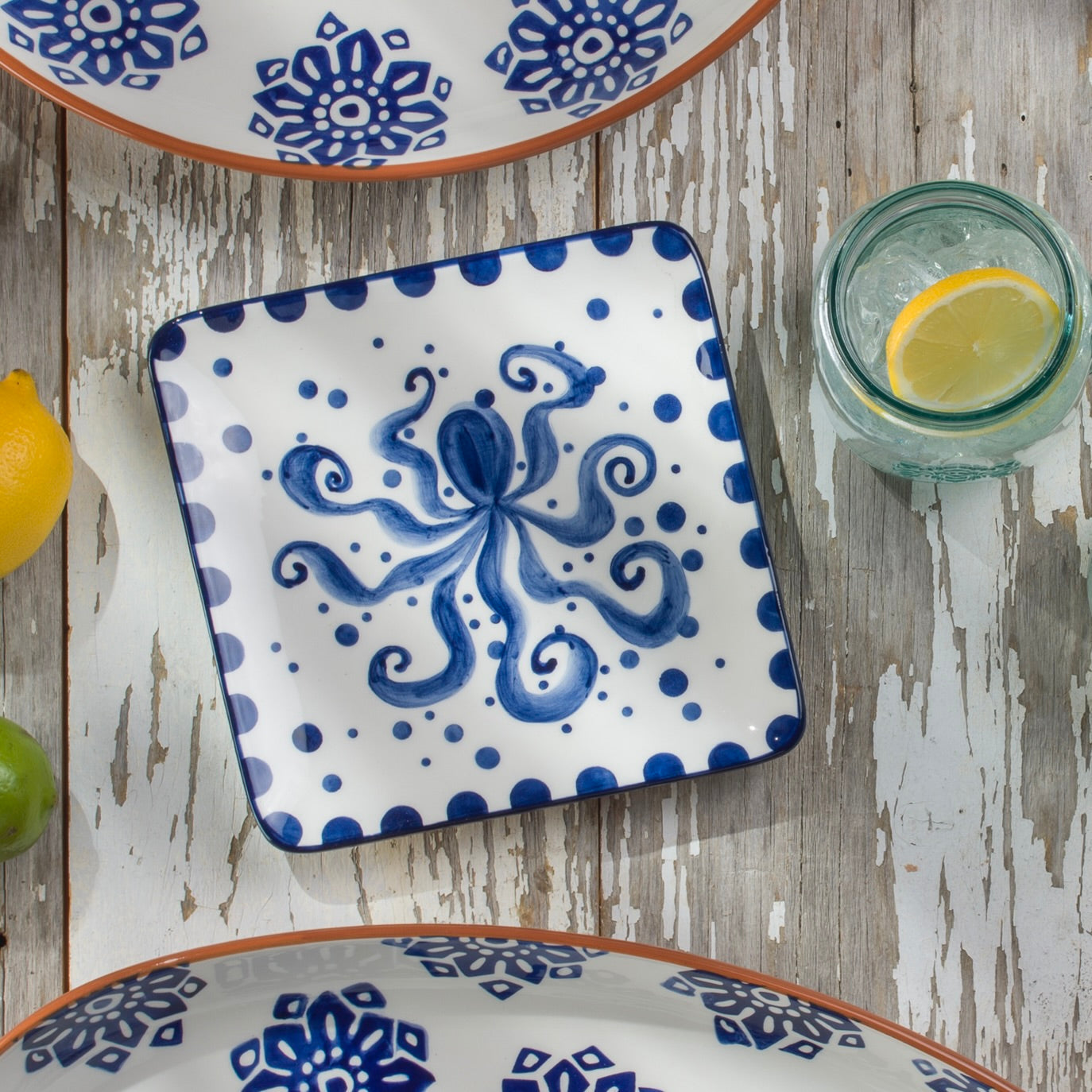 Costa Azul 4-Piece Hand Painted Octopus design Ceramic Canapes Appetizers Plates Set