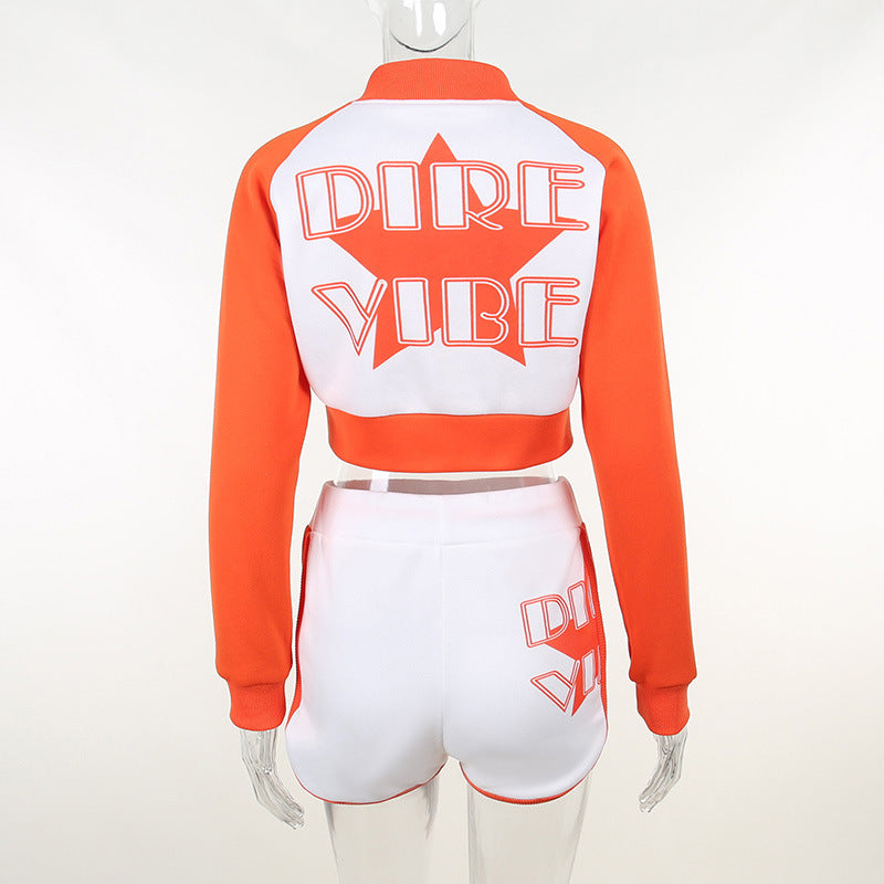 Printed Colorblock Athleisure Long Sleeve Shorts Set