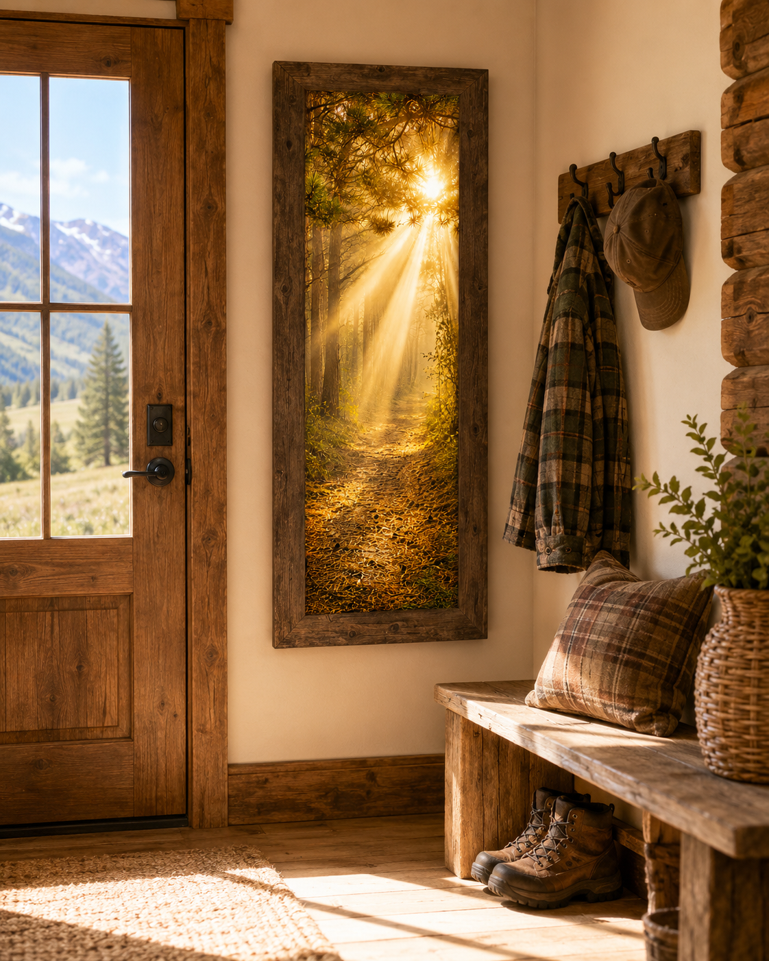 Forest Light Path Wall Art – Narrow Portrait Divine Sunlight Pine Decor (SB948)