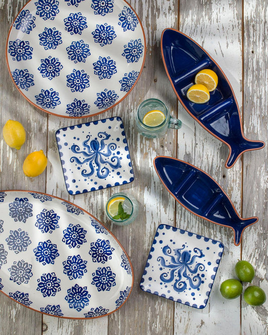 Costa Azul 2-Piece Three Compartment Blue Fish Serving Bowls Set