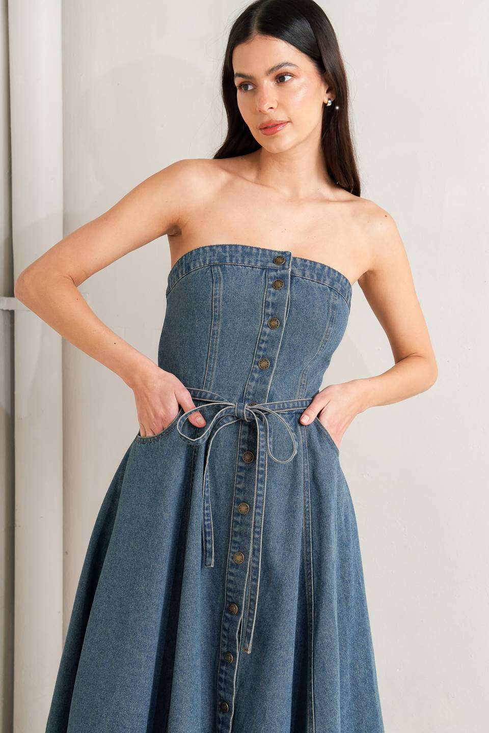 MIDNIGHT VOLUME DENIM MIDI DRESS