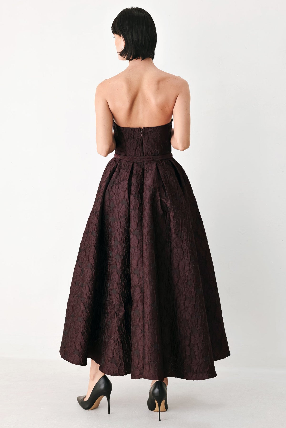 BURGUNDY COUTURE SWAY WOVEN MIDI DRESS