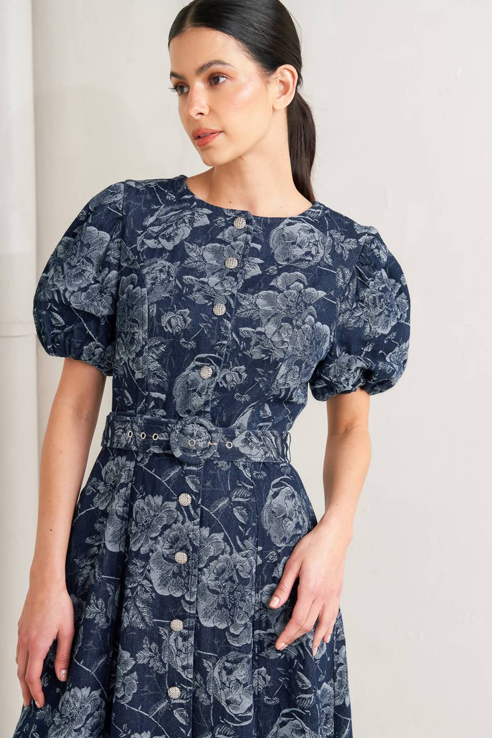 DARK BLOOM JACQUARD DENIM MIDI DRESS