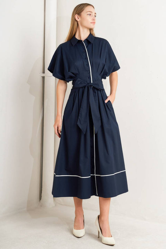 CATCH YOU LATER NAVY WOVEN MIDI DRESS