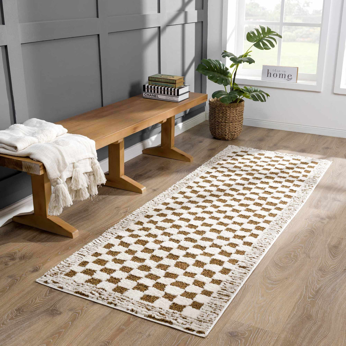 Leryn Brown & White Checkered Area Rug