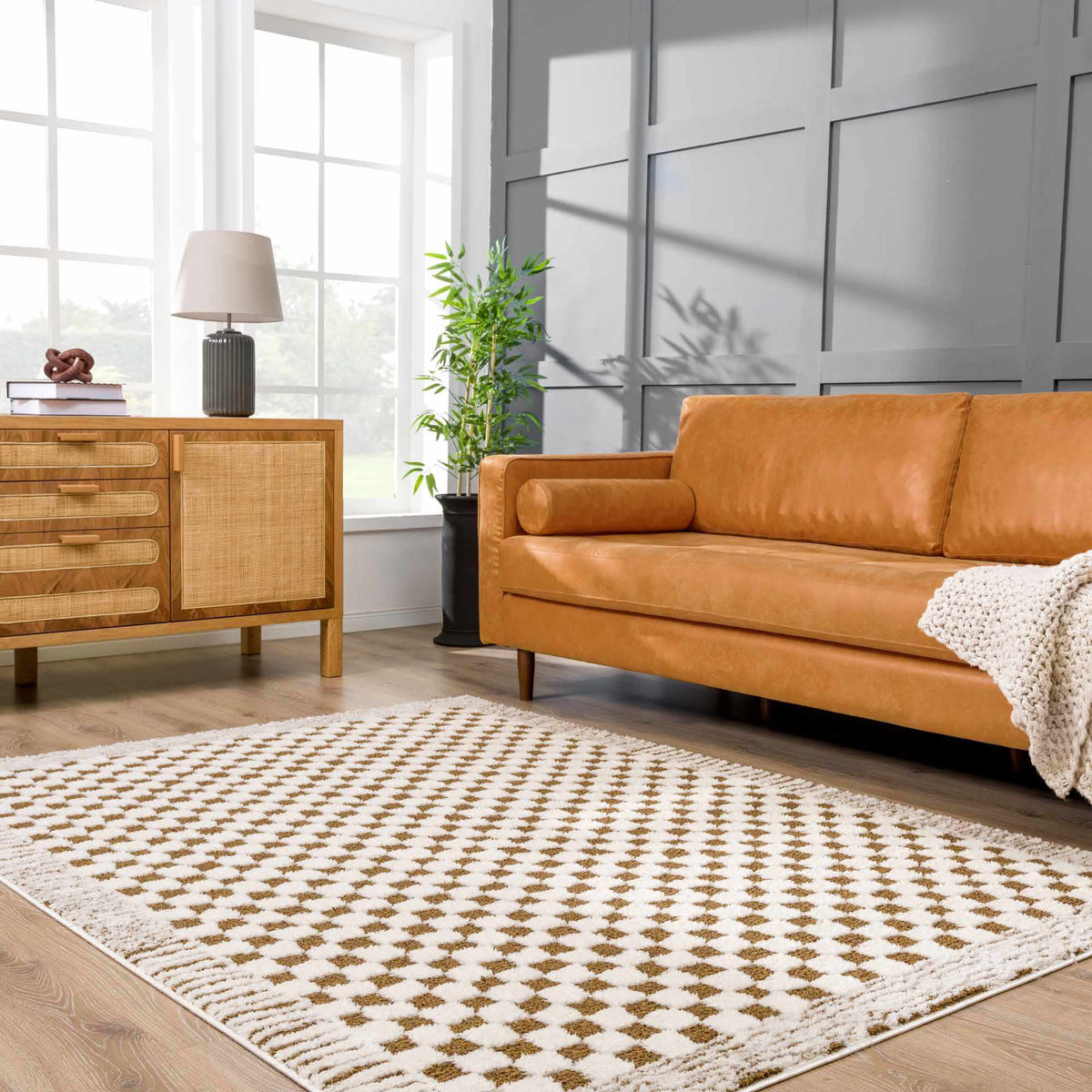 Leryn Brown & White Checkered Area Rug