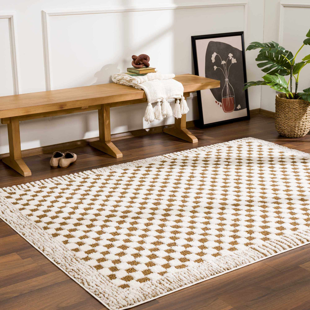 Leryn Brown & White Checkered Area Rug