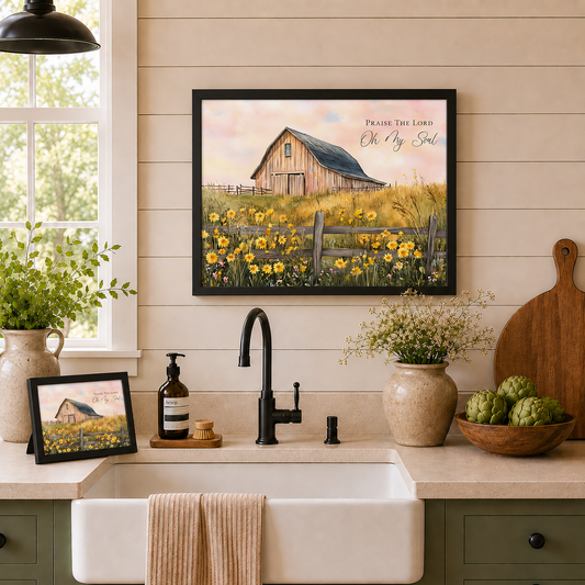 Praise The Lord Oh My Soul Wall Art – Christian Farmhouse Barn Sunflower Landscape Framed Decor (SB254)
