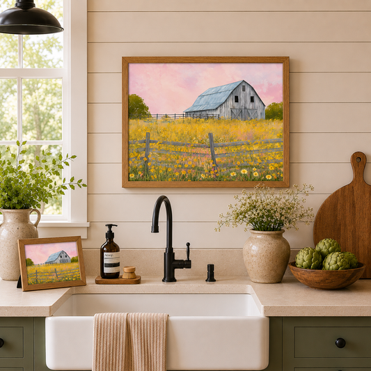 Yellow Wildflower Barn Wall Art – Farmhouse Summer Scenic Landscape Decor (SB253)