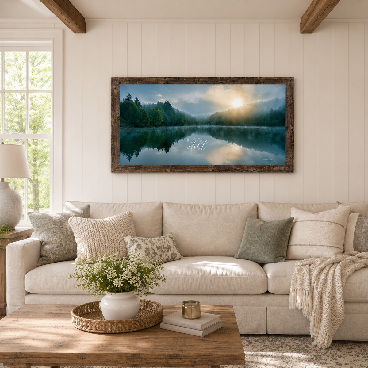Be Still Wide Landscape Wall Art – Misty Lake Sunrise Christian Scripture Decor (SB765)