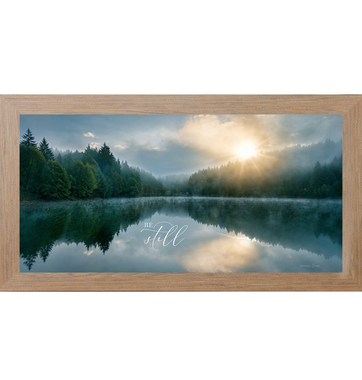 Be Still Wide Landscape Wall Art – Misty Lake Sunrise Christian Scripture Decor (SB765)