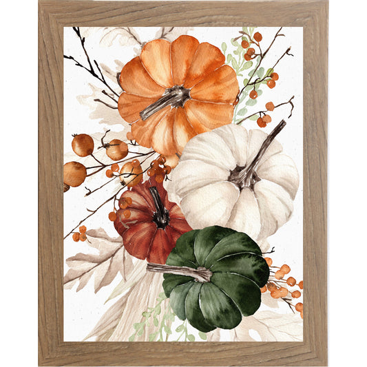 Pumpkin Bouquet Wall Art – Watercolor Orange White Burgundy Green Autumn Portrait Farmhouse Decor (SB252)