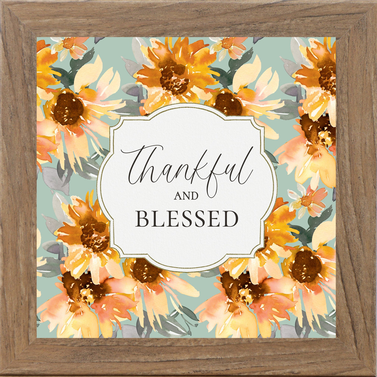 Thankful and Blessed Wall Art – Sage Sunflower Fall Floral Square Farmhouse Framed Decor (SB308)