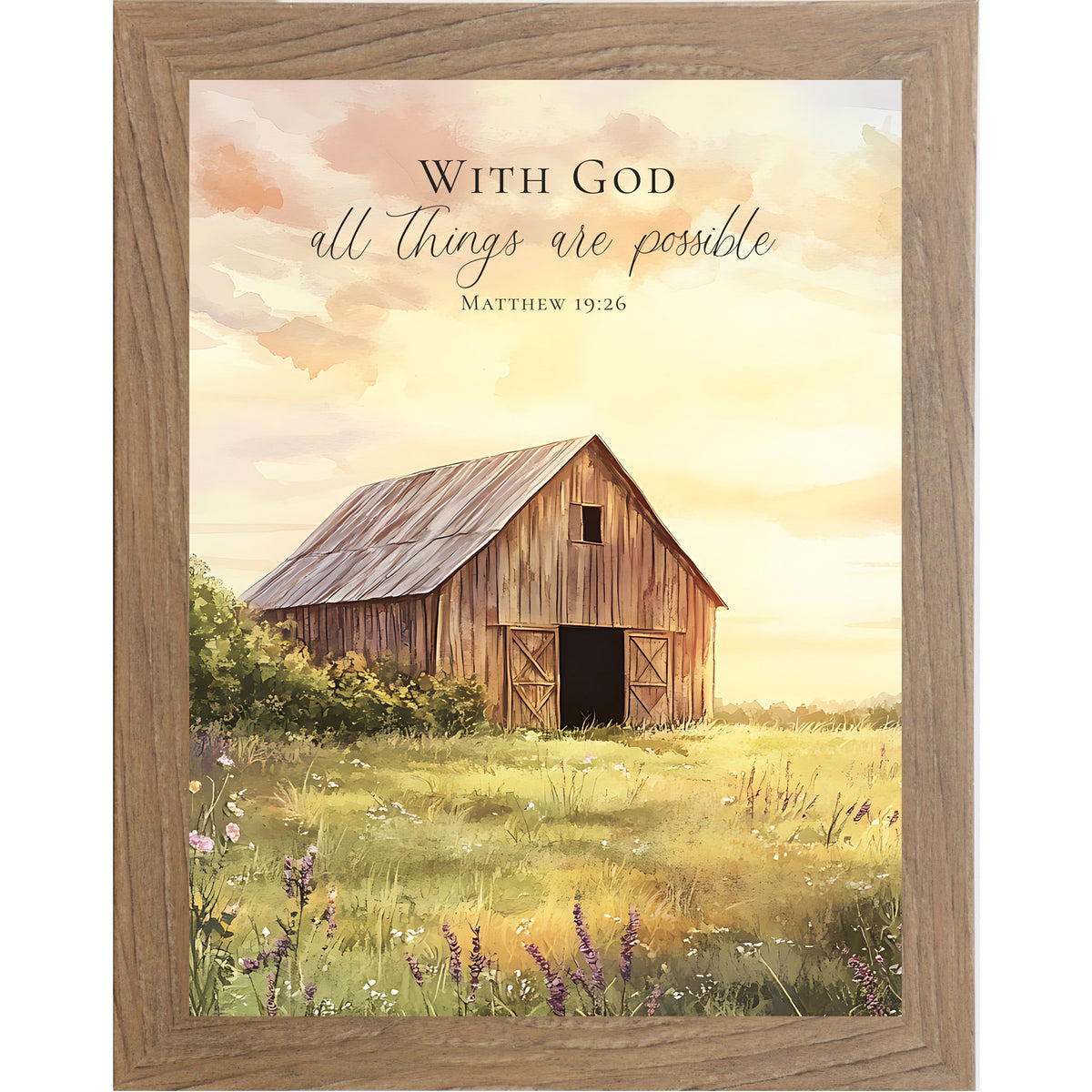 With God All Things Are Possible Wall Art – Matthew 19:26 Farmhouse Barn Sunrise Framed Decor (SB256)