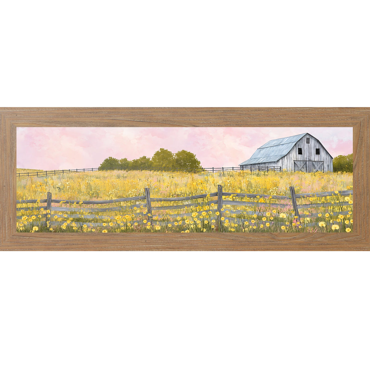 Yellow Wildflower Barn Wide Landscape Wall Art – Farmhouse Summer Scenic Panoramic Decor (SB950)