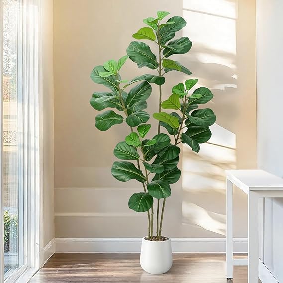 Faux Fiddle Leaf Fig Tree In White Planter 6'