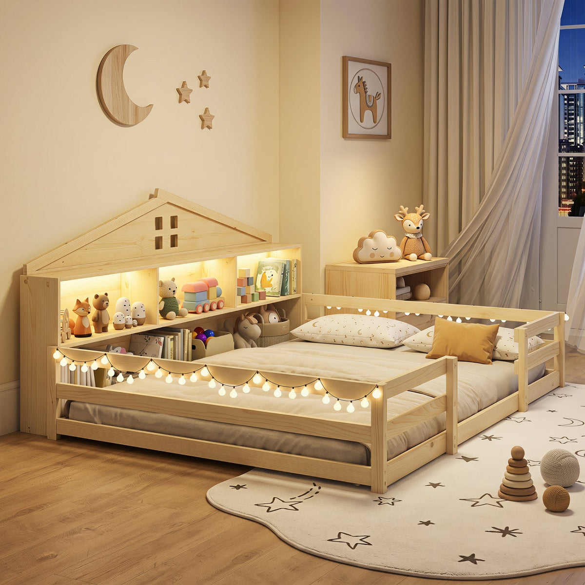 Full Size Montessori Floor Bed with Storage and LED Lights