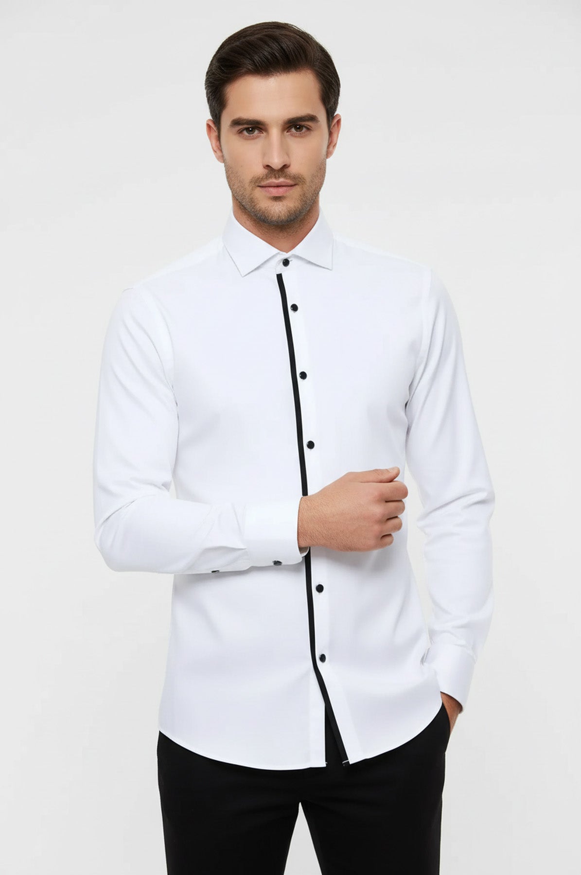 Black Buttoned Long Sleeves White Men Tuxedo Shirt - Wessi