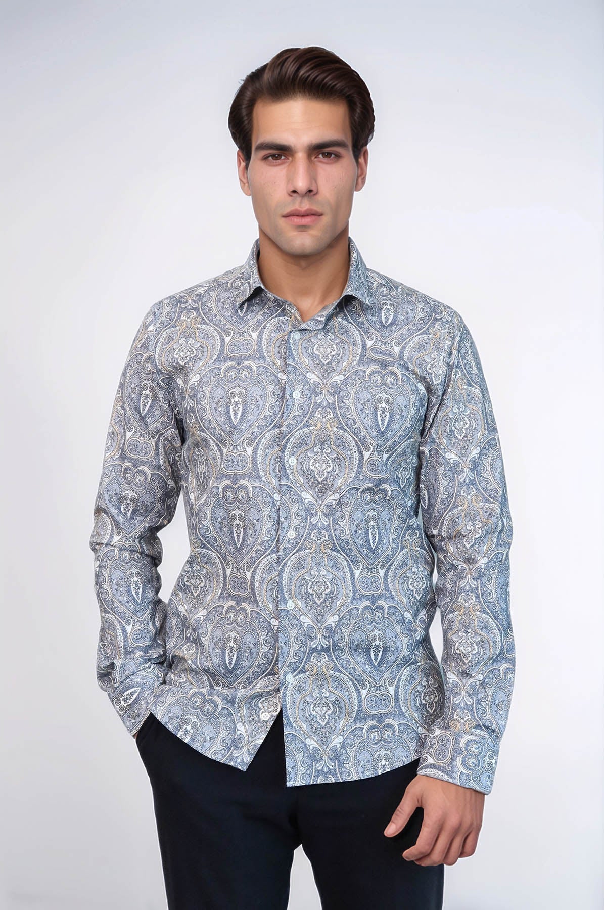 Damask Pattern Blue Slim Fit Shirt - Wessi