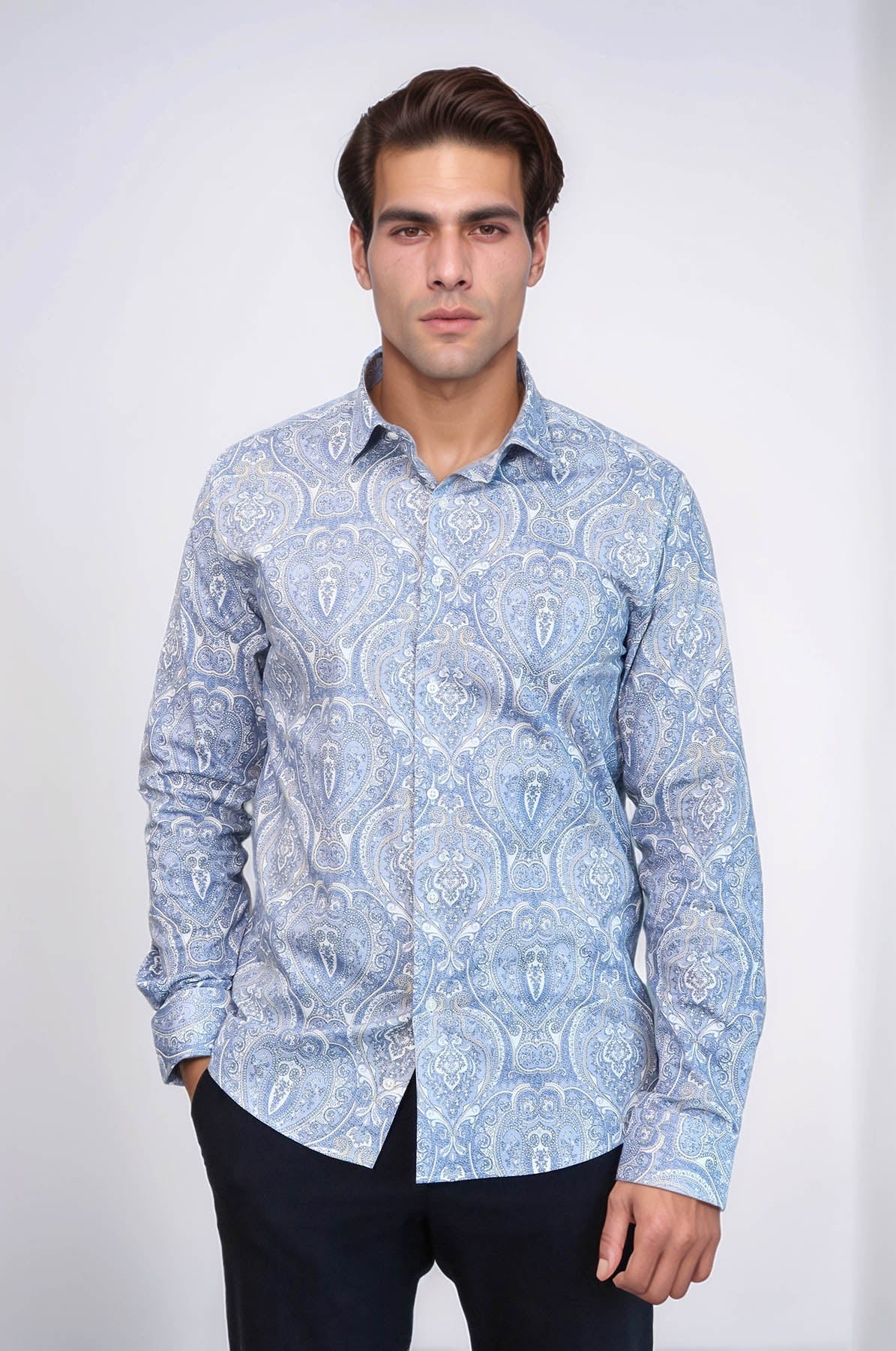Blue Damask Pattern Slim Fit Shirt - Wessi