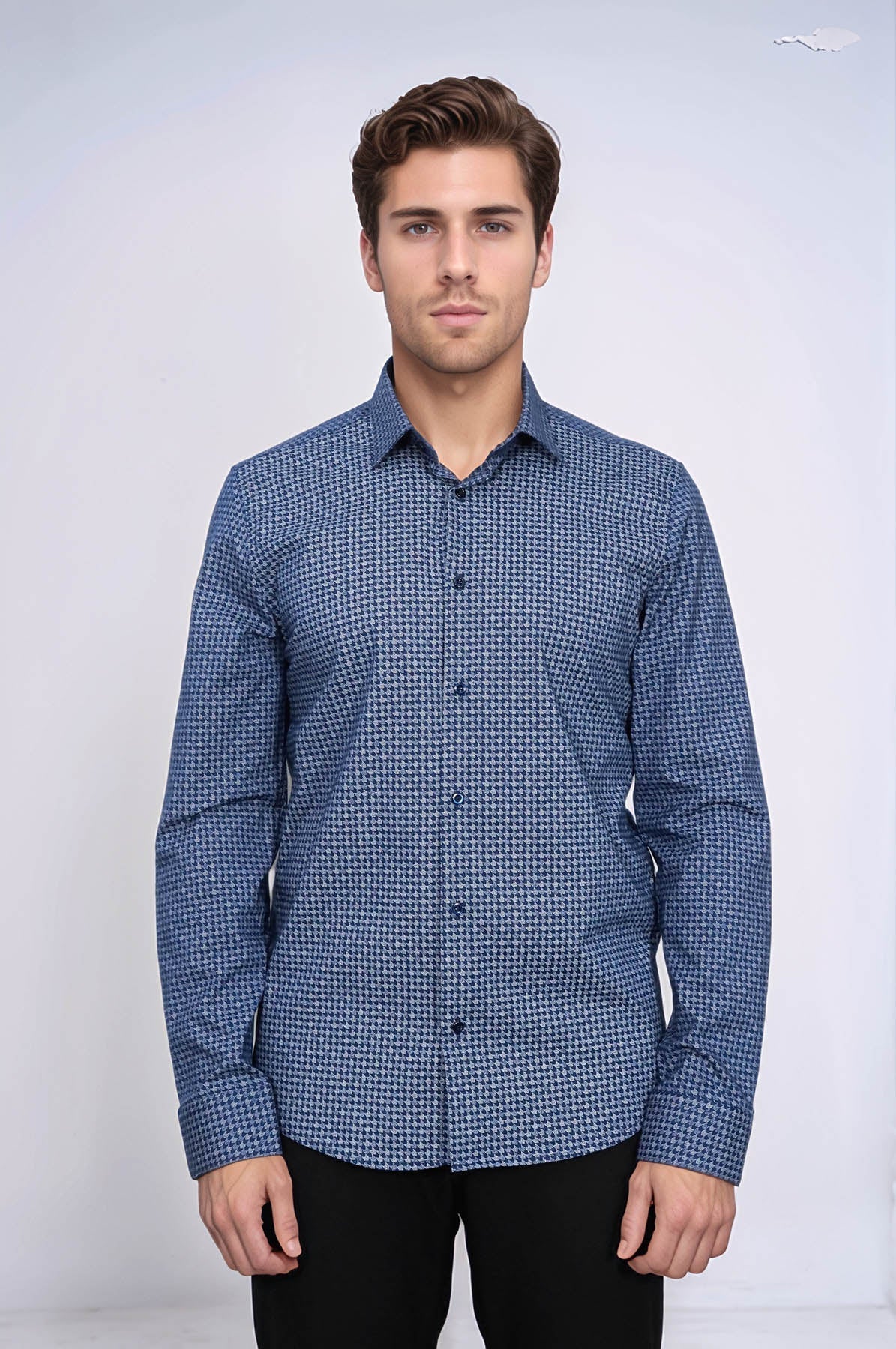 Houndstooth Pattern Slim Fit Navy Blue Men Shirt - Wessi