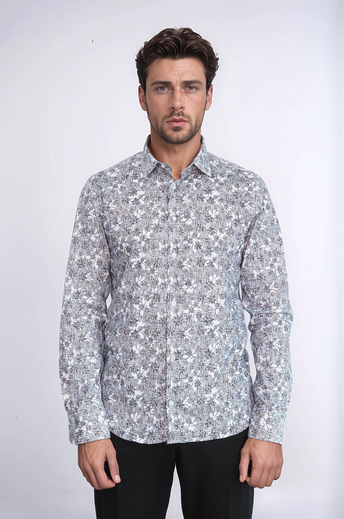 Bloom Patterned Grey Slim Fit Shirt - Wessi