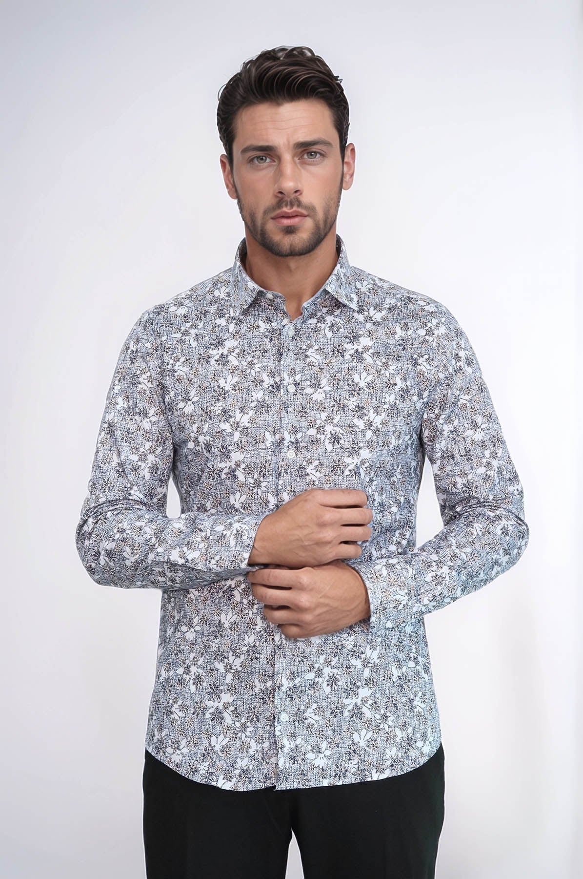 Bloom Patterned Grey Slim Fit Shirt - Wessi