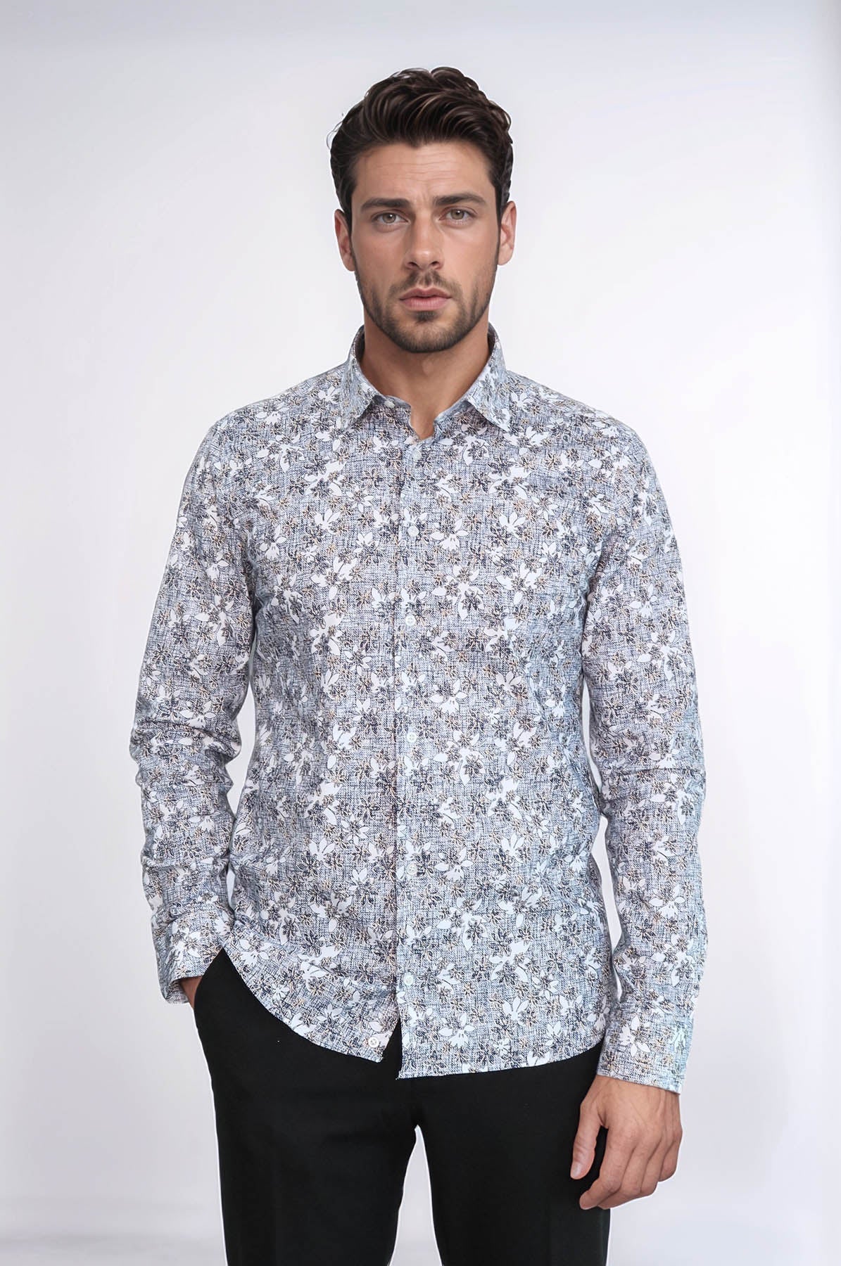 Bloom Patterned Grey Slim Fit Shirt - Wessi