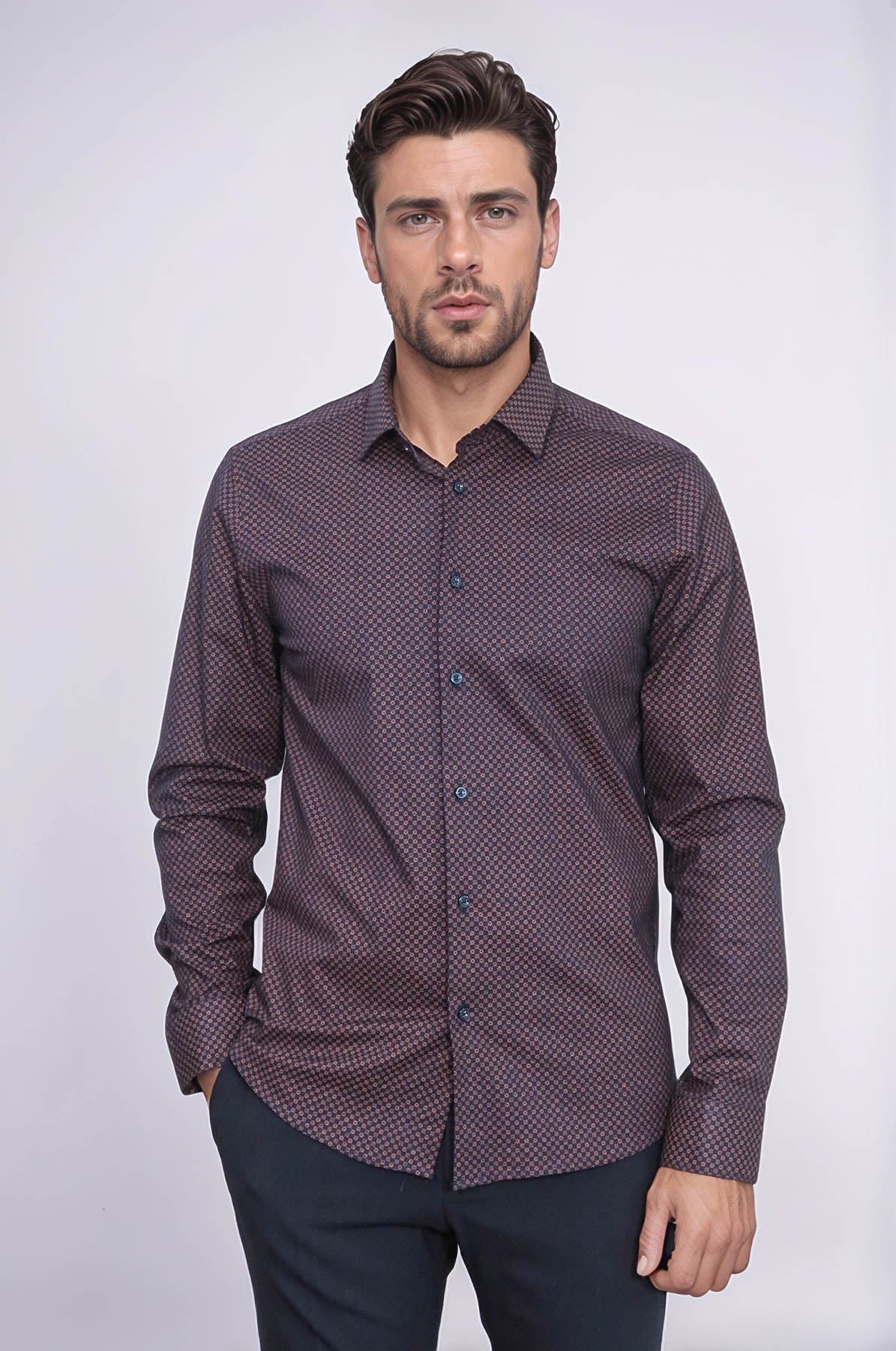 Brown Tiny Check Patterned Slim Fit Shirt - Wessi