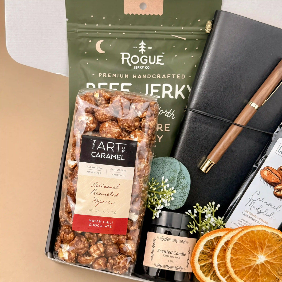 Gift Baskets for Men – Leather Journal, Coffee & Snacks