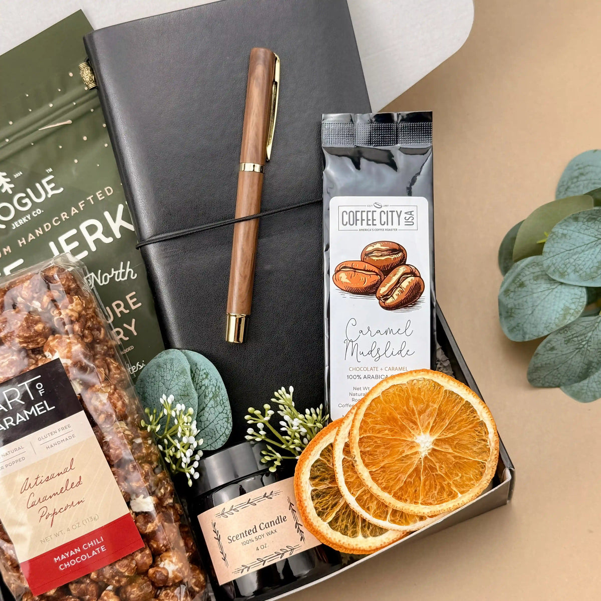 Gift Baskets for Men – Leather Journal, Coffee & Snacks