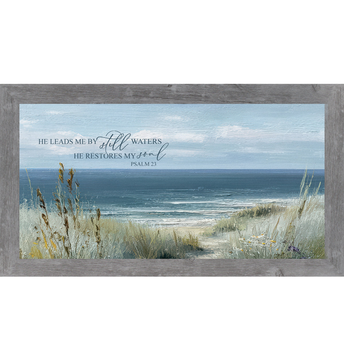 He Leads Me By Still Waters Wall Art – Psalm 23 Coastal Scripture Wide Landscape Decor (SB757)