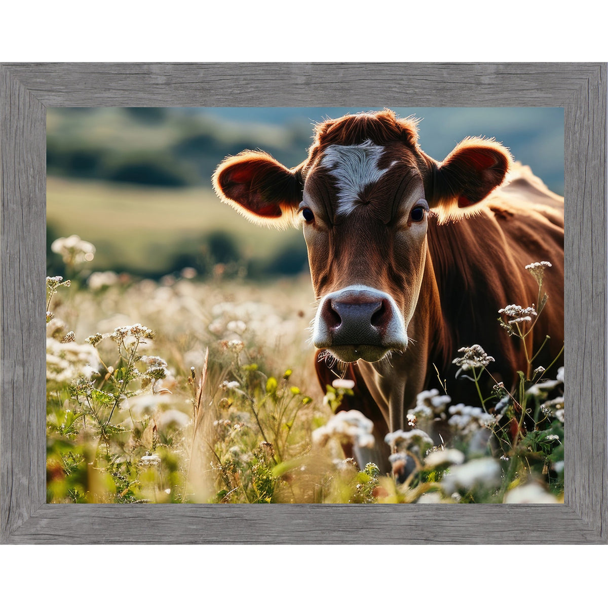 Jersey Cow Wildflower Field Wall Art – Farmhouse Cattle Scenic Landscape Decor (SB238)