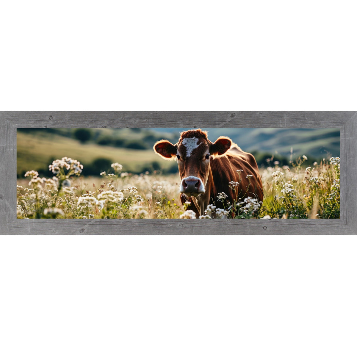 Jersey Cow Wildflower Panoramic Wall Art – Farmhouse Cattle Wide Landscape Decor (SB938)