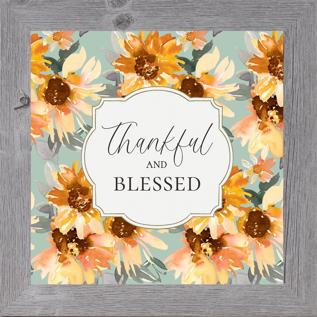 Thankful and Blessed Wall Art – Sage Sunflower Fall Floral Square Farmhouse Framed Decor (SB308)