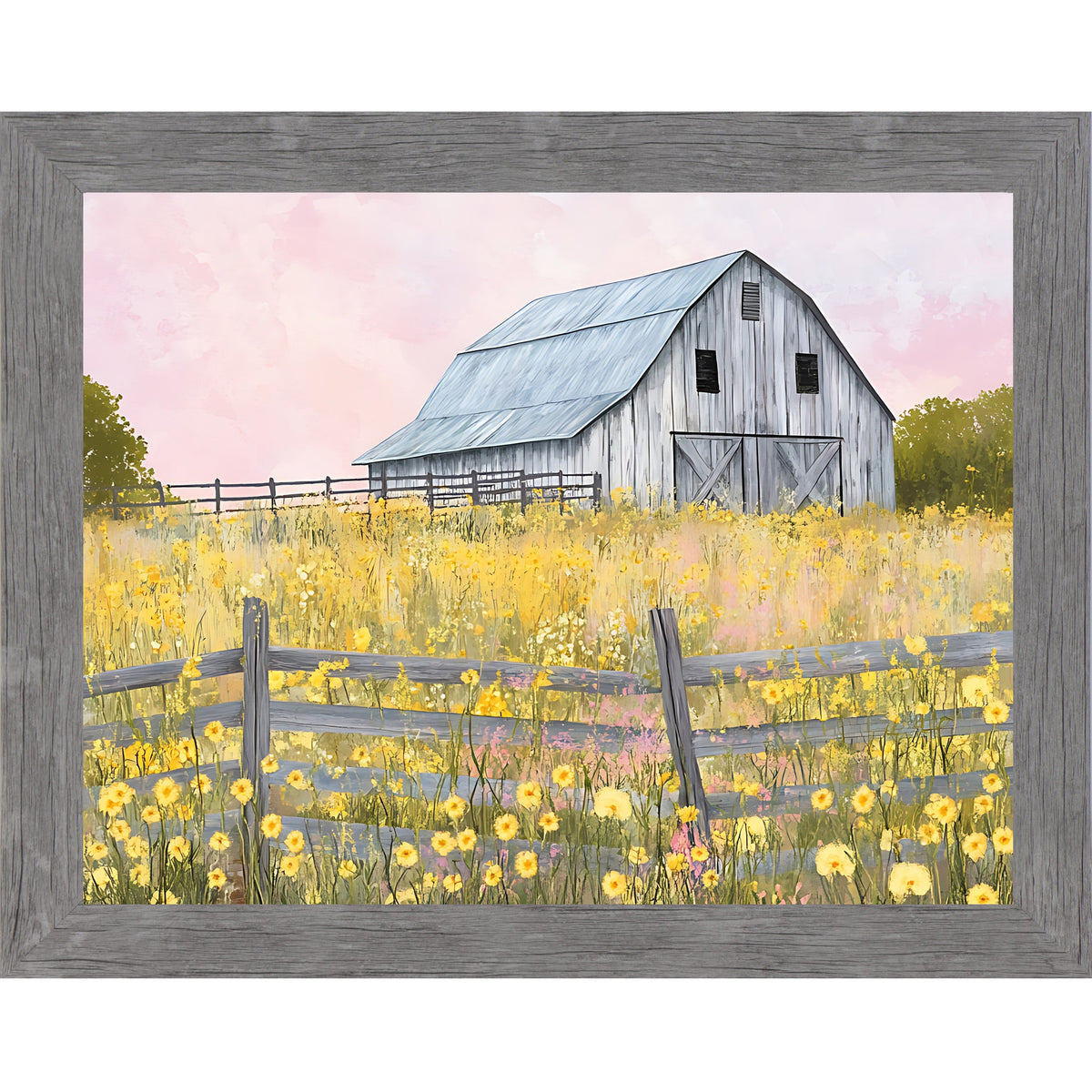 Yellow Wildflower Barn Wall Art – Farmhouse Summer Scenic Landscape Decor (SB253)