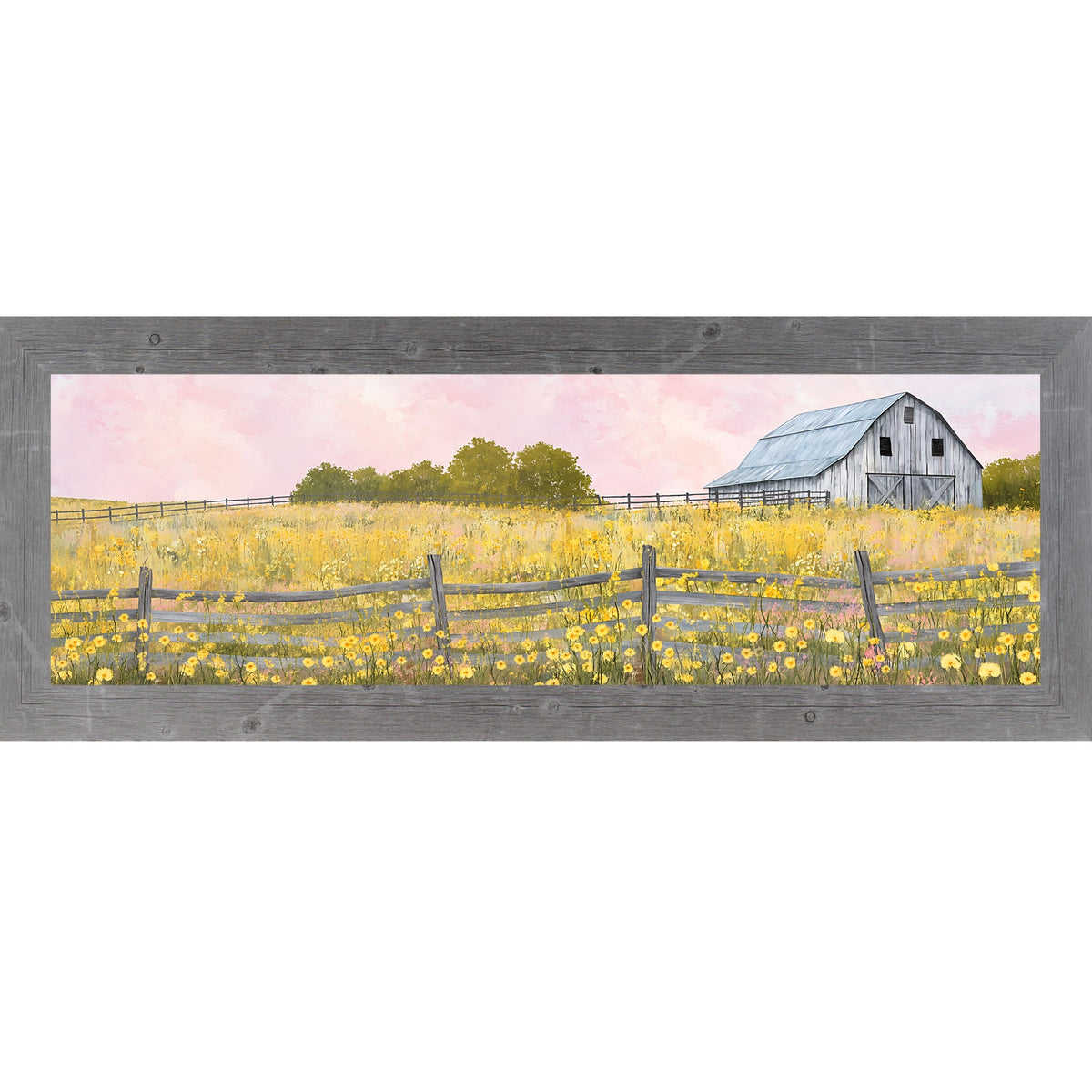 Yellow Wildflower Barn Wide Landscape Wall Art – Farmhouse Summer Scenic Panoramic Decor (SB950)