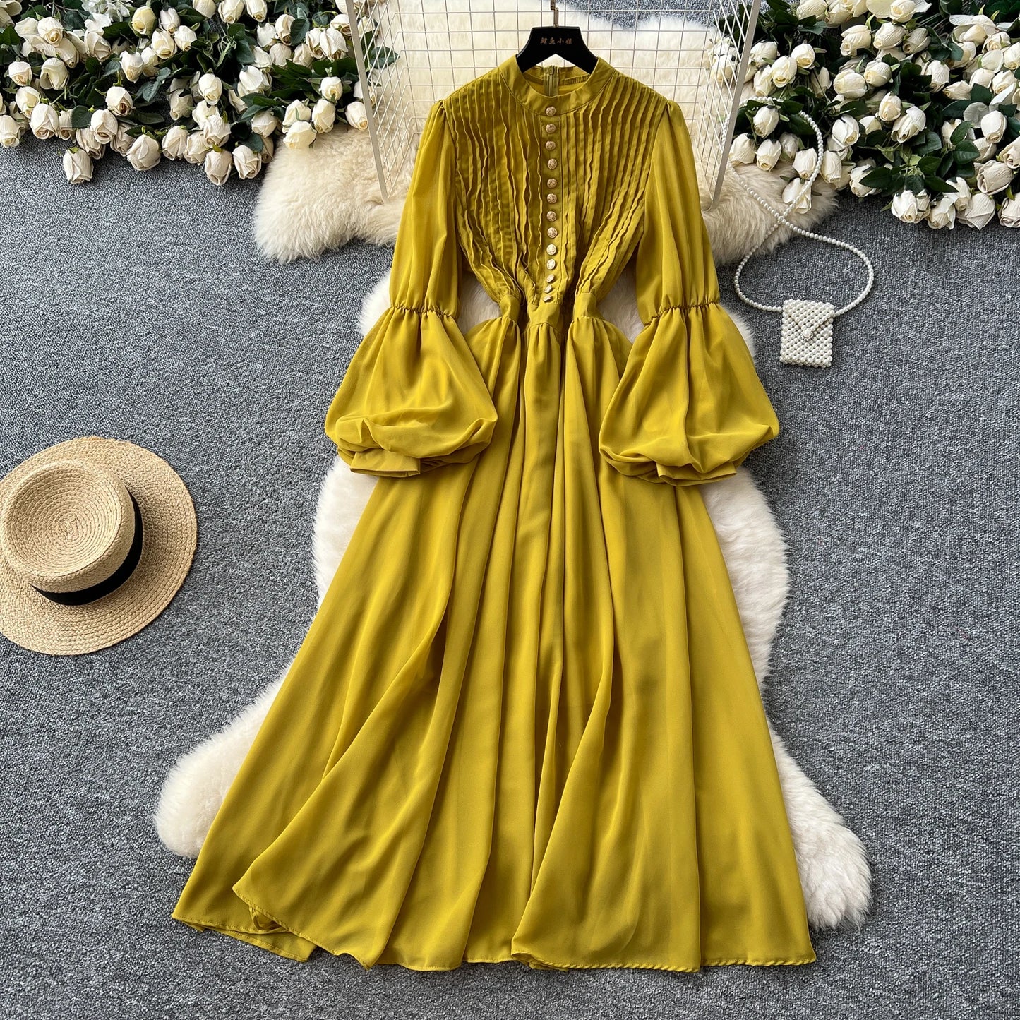 Spring Vintage Tunic Slim Casual Midi Dress For Women Lantern Sleeve Empire Lace Dress