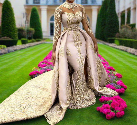 2 Piece Evening See Thru Long Sleeved Gold Lace Mermaid Formal Gown Dress - Customized