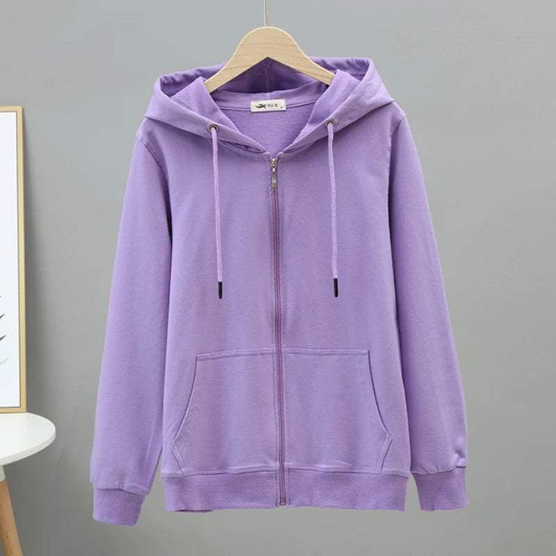 100% Cotton Women Hoodies Large Size Solid Zipper Casual Hooded Oversized Sweatshirt