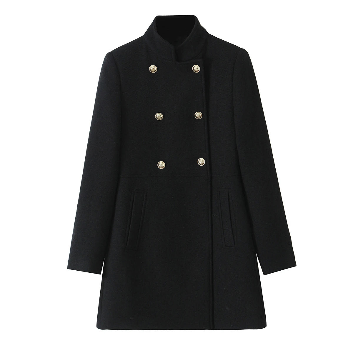 Autumn and Winter Gold Button Double-breasted Stand-up Collar Long-sleeved Coat Jacket