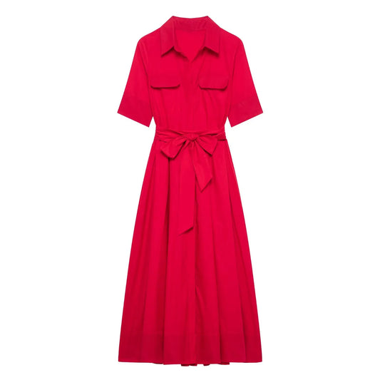 Women's Spring and Summer Classic Light Luxury Belted Shirt Collar Short-Sleeve Poplin Dress