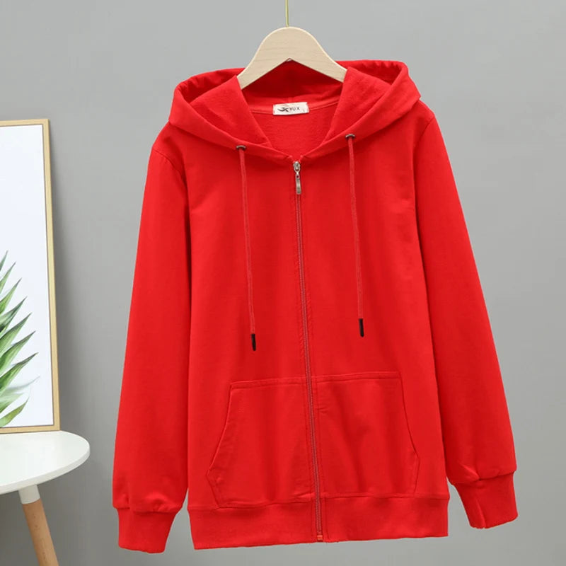 100% Cotton Women Hoodies Large Size Solid Zipper Casual Hooded Oversized Sweatshirt