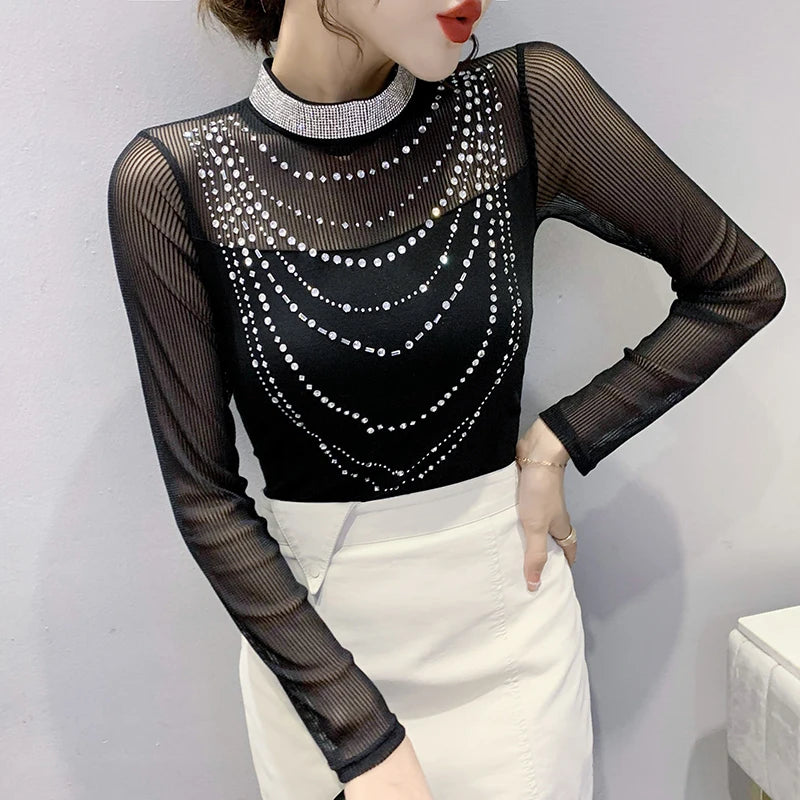 Elegant Women Long-Sleeved Stitching Mesh T-Shirt
