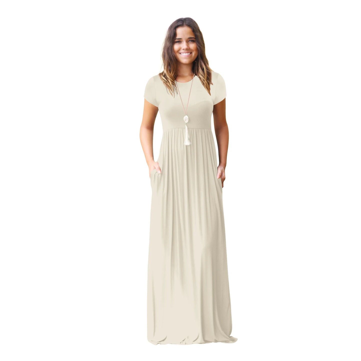 Women Summer Casual Plain Maxi Solid Dress Short Sleeve