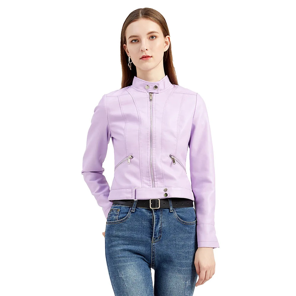 Women PU Leather Short Jacket With Belt Stand-up Collar Zipper Biker Coat