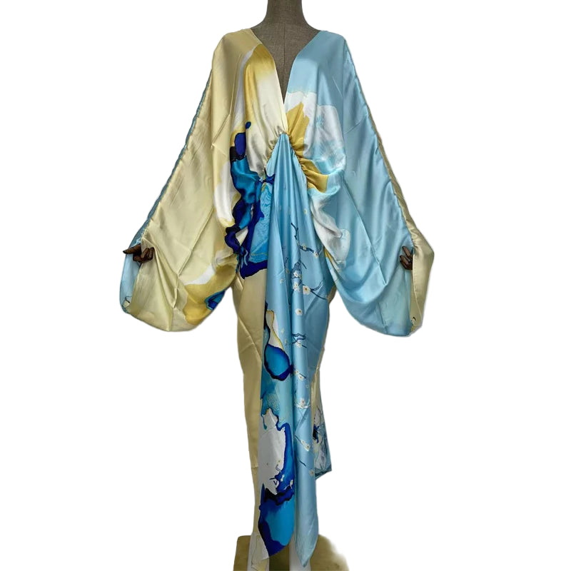 Sexy Silk Long Maxi Robe Women V-neck Bohemian Dress