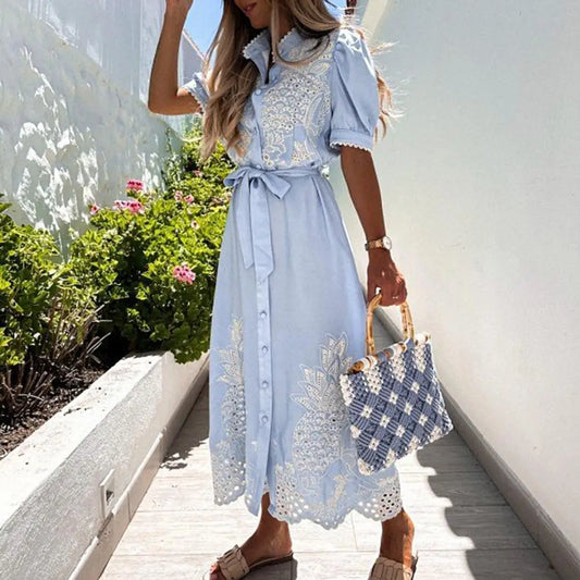Elegant Embroidered Women Maxi Dress Chic Lapel Long Sleeve High Waist Lace Up Dresses